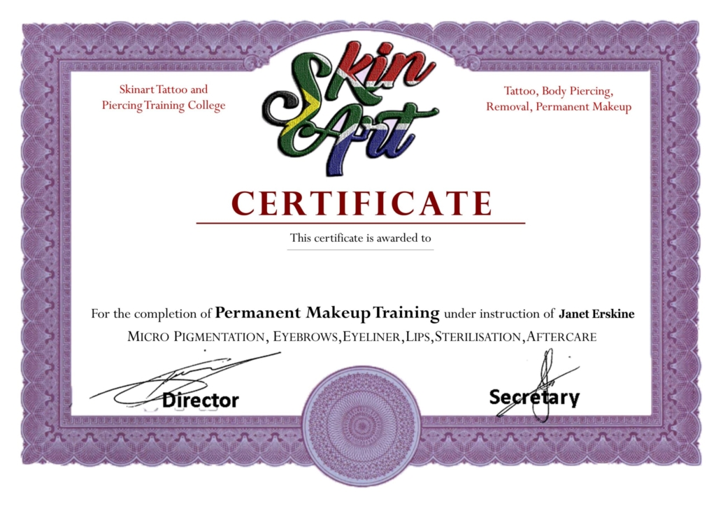 Certificate online PMU Janet Tattoo PMU Microblading and Piercing